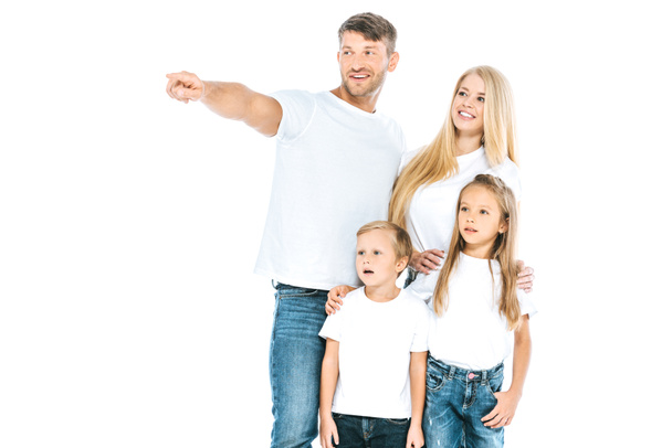 happy father pointing with finger near kids and wife isolated on white  - Fotografie, Obrázek