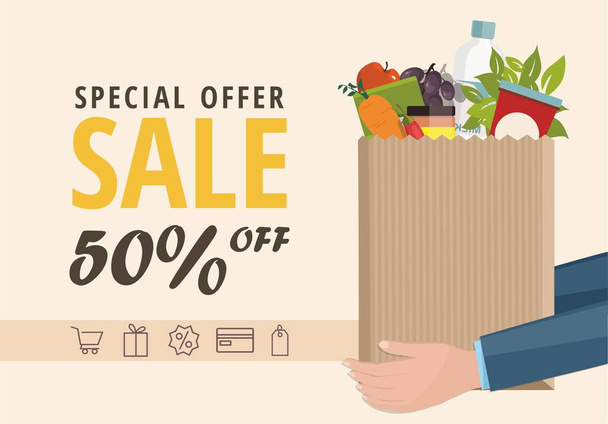Man holding a paper bag with food. Sale Web banner.  - Wektor, obraz