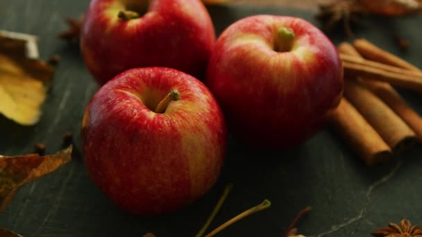 Κόκκινα μήλα και μπαχαρικά του φθινοπώρου - Πλάνα, βίντεο