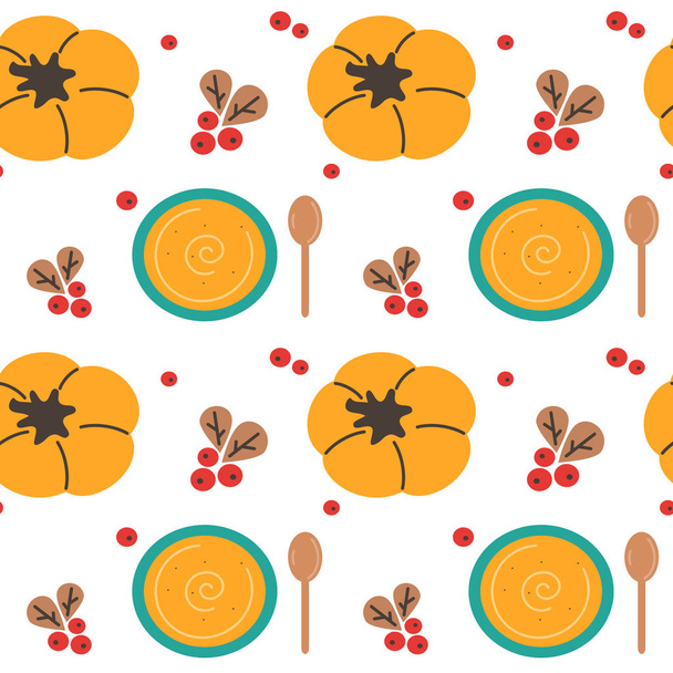 aranyos őszi bukása elszigetelt kézzel készített tál sütőtök krémleves, kanál és bogyók varrat nélküli vektoros minta háttér-illusztráció - Vektor, kép