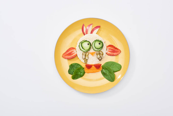 top view of plate with fancy animal made of food for childrens breakfast on white background - Фото, изображение