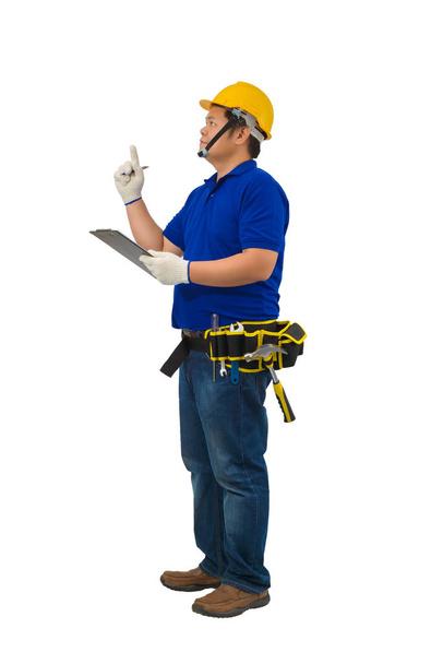 будівельний майстер у синій сорочці з захисними рукавичками, шолом
 - Фото, зображення