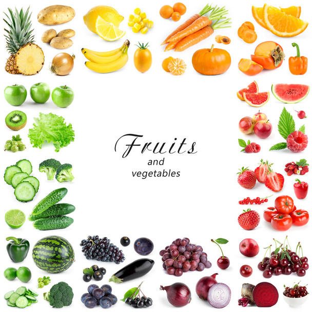 Collection of color fruits and vegetables on white background. Frame - Photo, Image