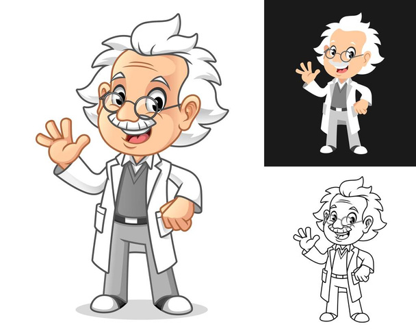 Profesor de Happy Old Man con gesto de mano ondulante Diseño de personajes de dibujos animados, incluyendo planos y diseños de arte de línea, ilustración vectorial, en fondo blanco aislado
. - Vector, imagen