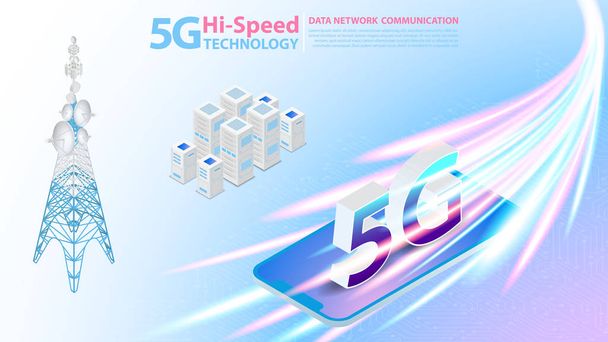 Technologie haute vitesse 5g Communication réseau de données Internet sans fil avec carte de circuit imprimé est arrière-plan. Connexion au réseau aérien LTE, Internet le plus rapide à l'avenir
 - Vecteur, image