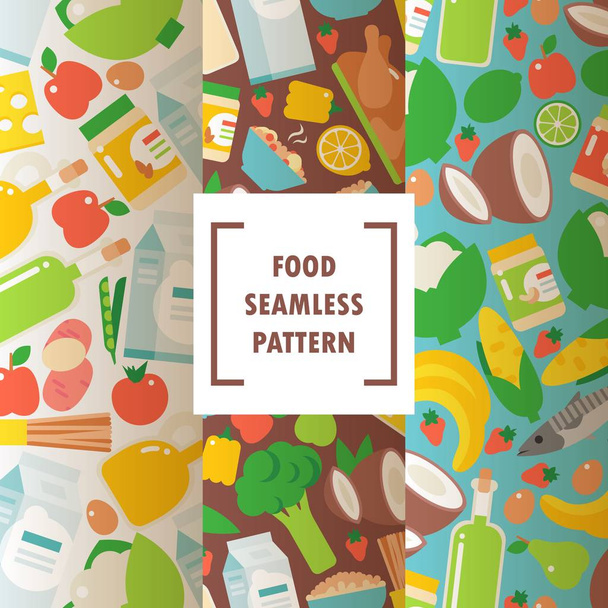 Healthy organic food seamless pattern, vector illustration. Flat style icons of natural food products and ingredients for healthy meal. Fruits, vegetables and other groceries - Vector, Image