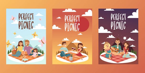 Picnic, vector illustration. Happy family with children, romantic couple on a date, group of friends singing. People together on a summer picnic outdoor in nature - Vector, Image