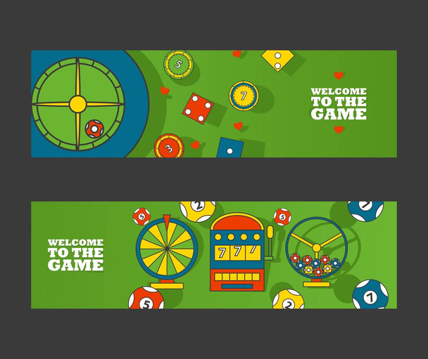 Bandiere di invito del casinò, illustrazione vettoriale. Semplici icone piatte del gioco d'azzardo su sfondo verde, benvenuti al gioco. Dadi da gioco, roulette, palle da biliardo e fiches da casinò
 - Vettoriali, immagini