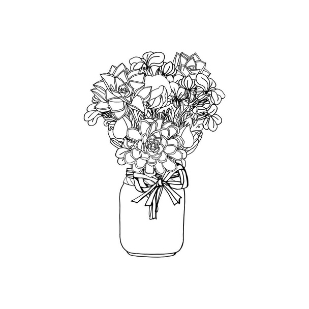 Buquê de estilo doodle desenhado à mão de flores diferentes, suculento
, - Vetor, Imagem