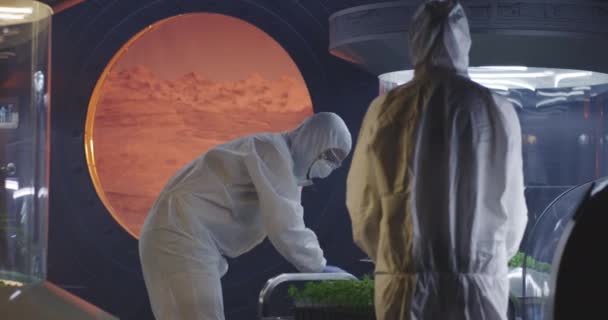 Wetenschappers in Hazmat kostuums controle plant incubatoren - Video