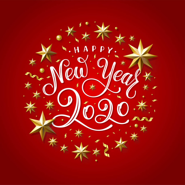 Happy New Year 2020 Golden Star Red Vector Illustration - Vector, Image
