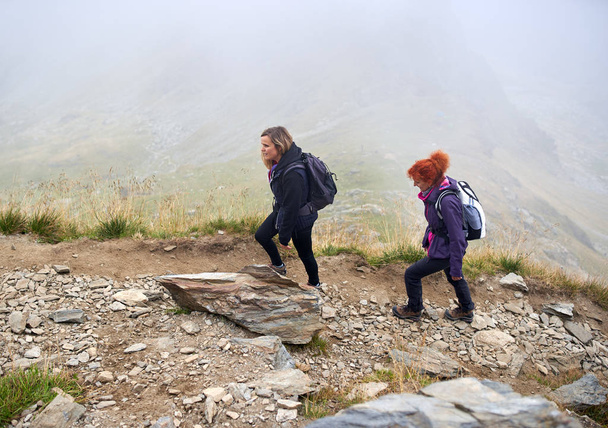 Two women with backpacks hiking on a mountain trail - Foto, afbeelding