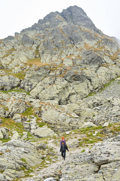 Two women with backpacks hiking on a mountain trail - Photo, image