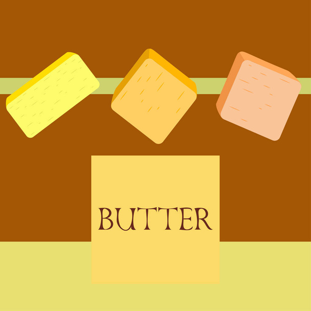 Sarı yağ çubuğu. Bir dilim margarin ya da yayılmış, yağlı doğal süt ürünü. Yemek ve yemek için yüksek kalorili yiyecekler.. - Vektör, Görsel