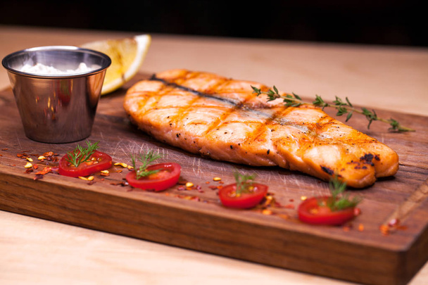 Restaurant dishes fried salmon steak - Photo, Image