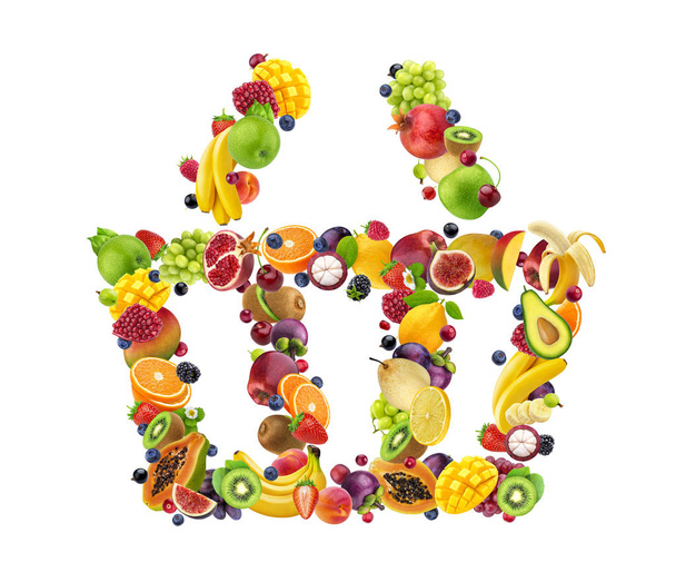 Shopping basket icon made of fresh falling fruits and berries isolated on white background - Photo, Image