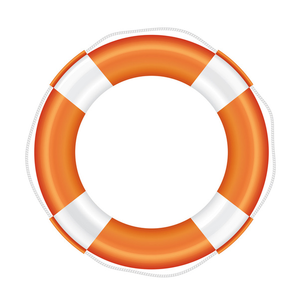 Orange lifebuoy with white stripes and rope. - Вектор,изображение