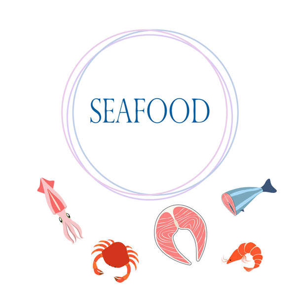 Fish, shrimp, crab, squid.Vector seafood. Food and restaurant design. - Vetor, Imagem