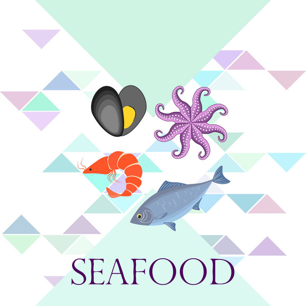 Seafood vector illustration. Fresh sea fish, mussel, shrimp, octopus. - Vector, imagen