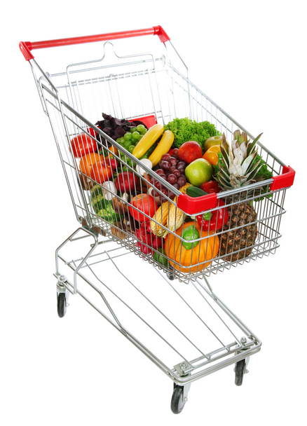 Different fruits and vegetables in trolley isolated on white - Φωτογραφία, εικόνα