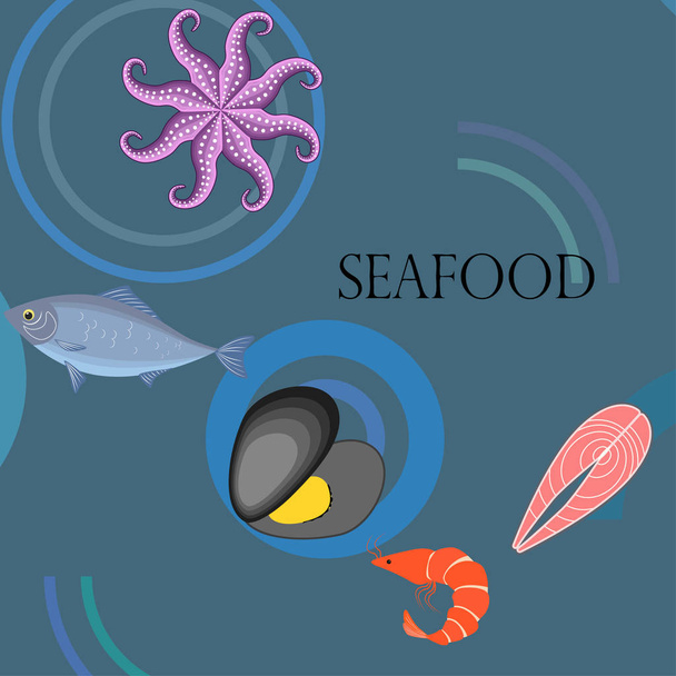 Seafood vector illustration. Fresh sea fish, mussel, shrimp, octopus. - Вектор,изображение