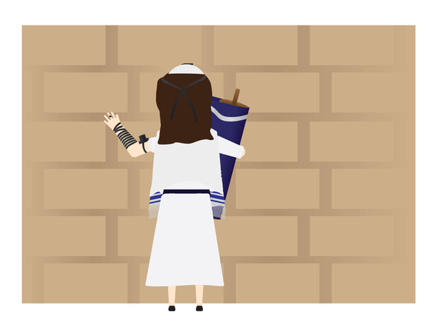 聖なる西壁の近くでトーラーを抱くユダヤ人の少女 - ベクター画像