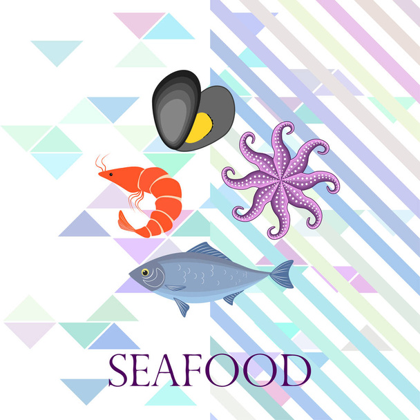 Ilustración de vectores de mariscos. Pescado de mar fresco, mejillón, camarones, pulpo. - Vector, imagen