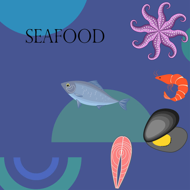 Seafood vector illustration. Fresh sea fish, mussel, shrimp, octopus. - Вектор,изображение