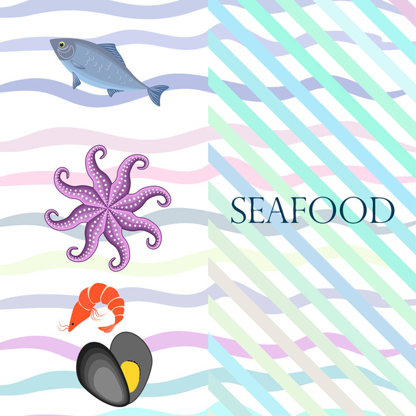 Seafood vector illustration. Fresh sea fish, mussel, shrimp, octopus. - Vector, imagen