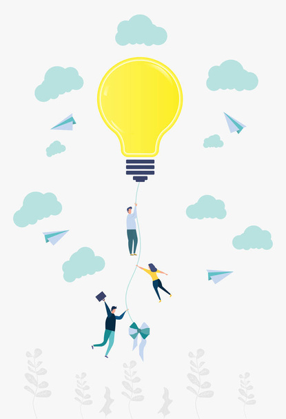 Новая идея, инновационная метафора с лампочкой. Персонажи деловых людей, работающих вместе над новым проектом
 - Вектор,изображение