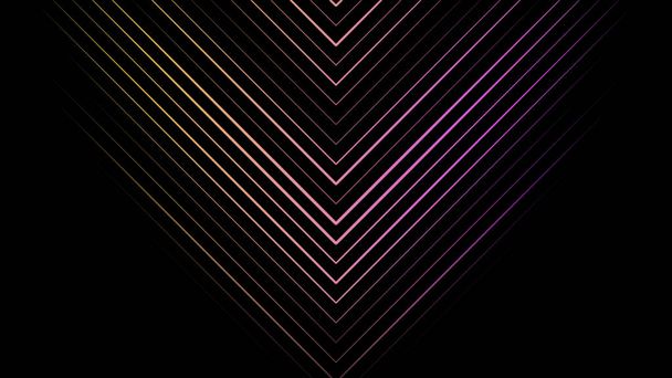 Colorful gradient arrows of many narrow lines pointing down and moving downwards on black background, seamless loop. Animation. Yellow and purple crossed lines moving down. - Photo, Image