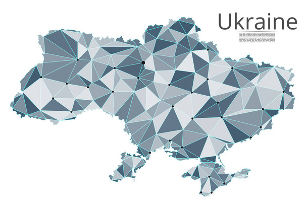 Mapa sieci komunikacyjnej Ukrainy. Wektor Low Poly obraz globalnej mapie ze światłami w postaci miast lub gęstości zaludnienia składające się z punktów i kształtów i przestrzeni. Łatwa edycja - Wektor, obraz