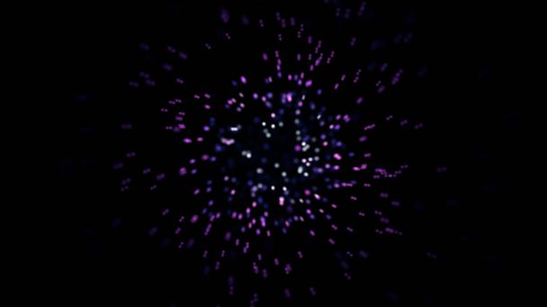 Flying through the cloud of beautiful small particles of purple color on black background. Animation. Abstract tiny circles moving quickly through the space. - Photo, Image