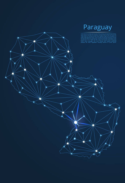 Karte des paraguayischen Kommunikationsnetzes. Vektor-Low-Poly-Bild einer Weltkarte mit Lichtern in Form von Städten oder Bevölkerungsdichte, bestehend aus Punkten und Formen in Form von Sternen und Raum. - Vektor, Bild