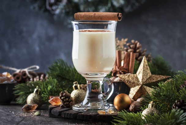 New Year or Christmas Eggnog cocktail - hot winter or autumn drink with milk, eggs and dark rum, sprinkled with cinnamon and nutmeg in a glass on wooden background, festive decoration - Foto, afbeelding