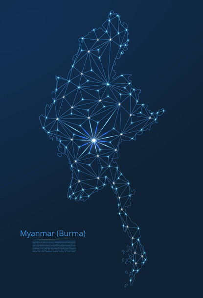 Mapa de Myanmar Birmania conexión. Vector de baja polivinización imagen de un mapa global con luces en forma de ciudades
 - Vector, imagen