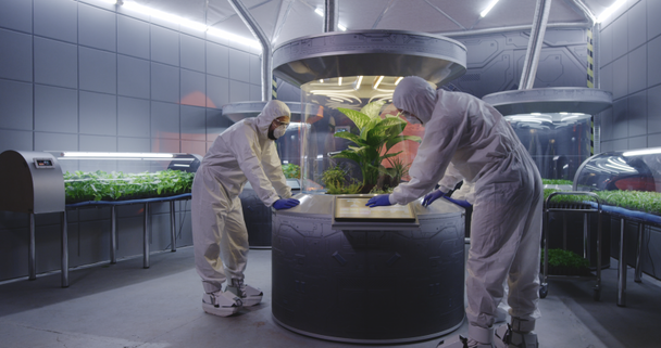 Cientistas no terno hazmat verificando incubadoras de plantas
 - Filmagem, Vídeo