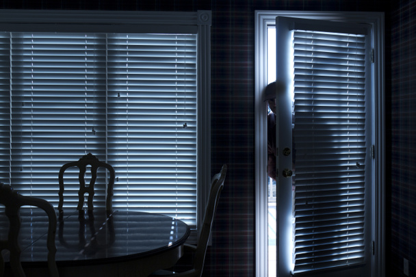 Ladrón irrumpiendo en casa por la noche a través de la puerta trasera
 - Foto, Imagen