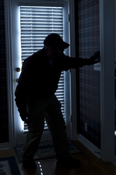 Cambrioleur entrant par effraction dans la maison la nuit par la porte arrière
 - Photo, image