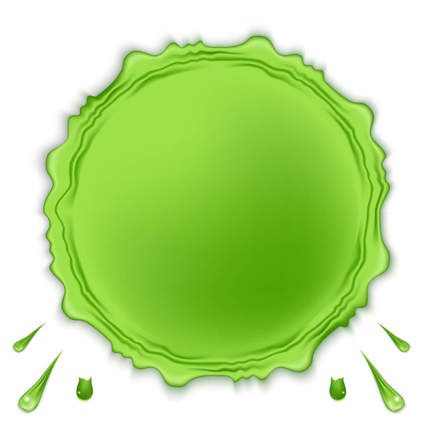 Green round slime isolated on white background. Goo spooky dripping liquid, blots and splashes. Design element for halloween scary slime banner. - Vector, afbeelding