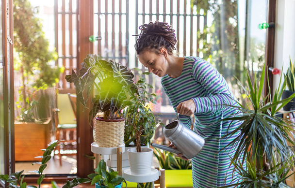 junge Frau pflegt ihre Topfpflanzen zu Hause - Foto, Bild