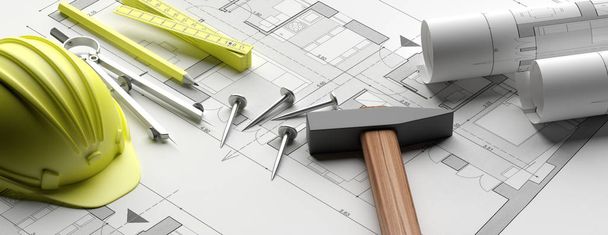 Residential building blueprint plans, banner. 3d illustration - Photo, Image