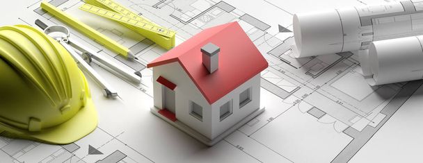 Residential building blueprint plans and house model, banner. 3d illustration - Photo, Image
