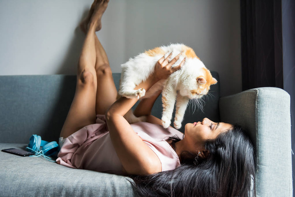 woman play with exotic shorthair cat on sofa - Photo, Image