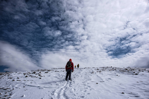 Obwód Irkucka, Rosja, Sludyanka-13 kwietnia 2019: grupa ludzi wędrówki w górach i śniegu wśród jodły widok z powrotem - Zdjęcie, obraz