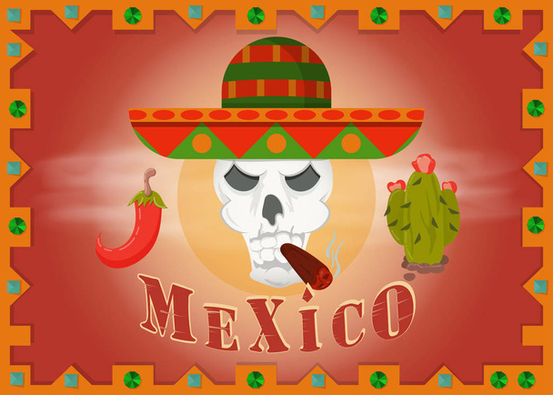 череп у мексиканському сомбреро куріння сигари лівий і правий кактус - Вектор, зображення