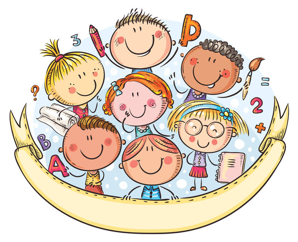 Happy schoolkids with a copy space, cartoon illustration - Vector, Image