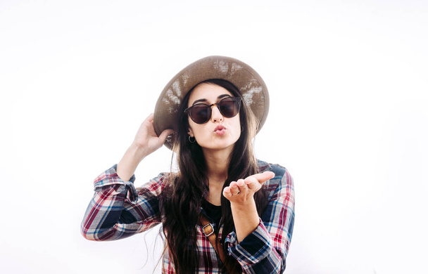 Girl with hat and sunglasses - Фото, изображение