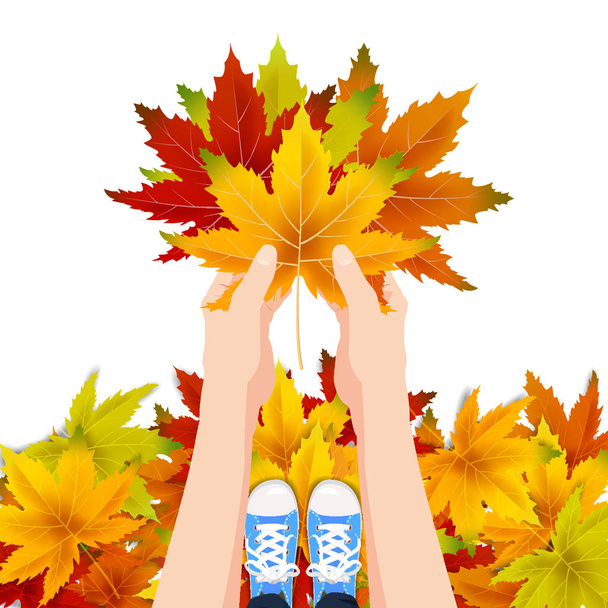 Hands hold autumn colorful leaves bright bouquet fall, floral. Hello Autumn lettering. Vector illustration isolated - Vector, Image