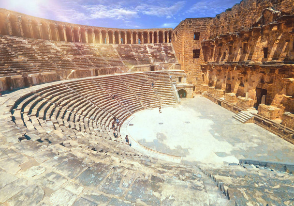 Aspendos Amphitheater close-up inside in the summertime with sunshine, Turkey, Serik. - Fotó, kép